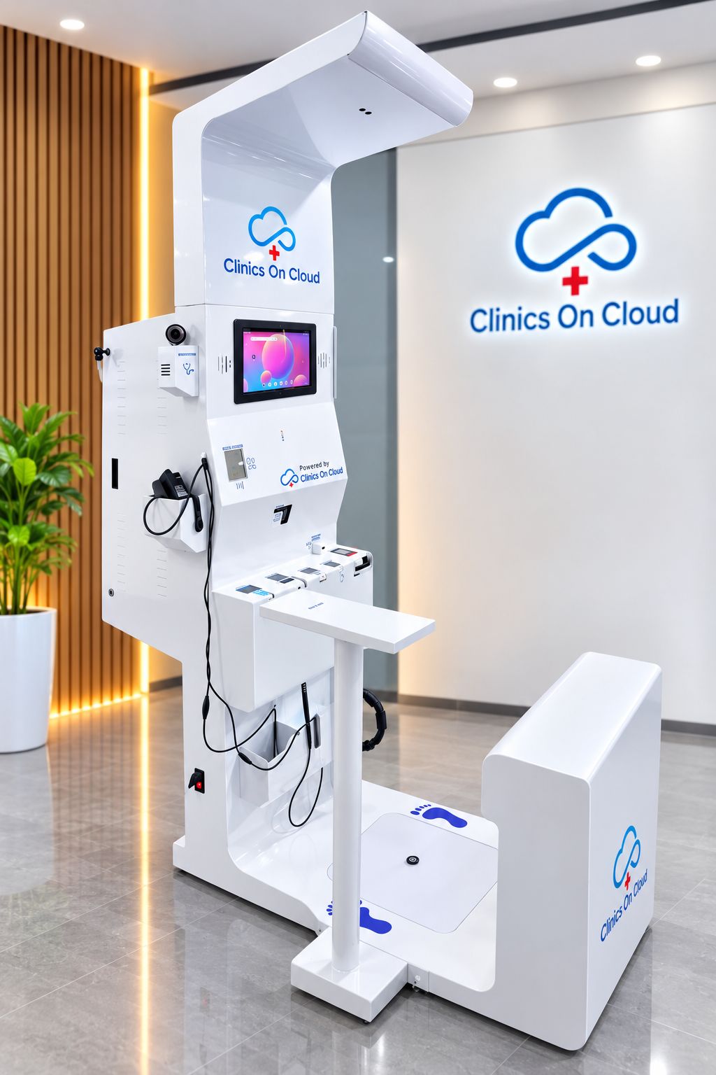 A Clinics On Cloud health kiosk standing in an office lobby, screen and devices facing out