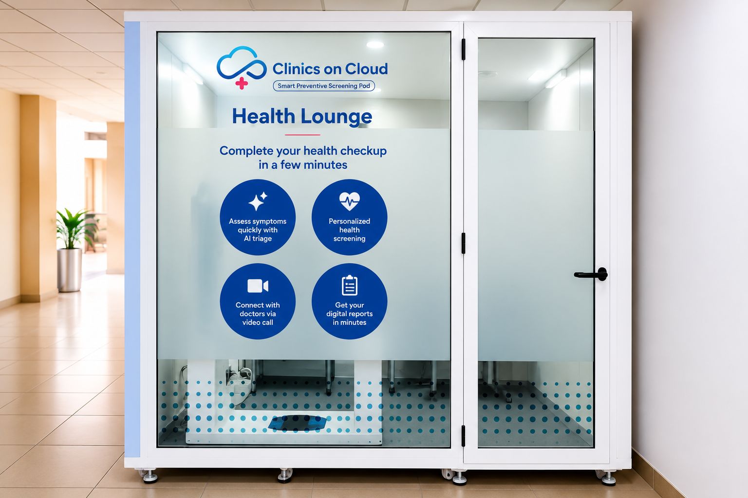 A Clinics On Cloud Health Lounge - a glass-walled screening pod in a corridor